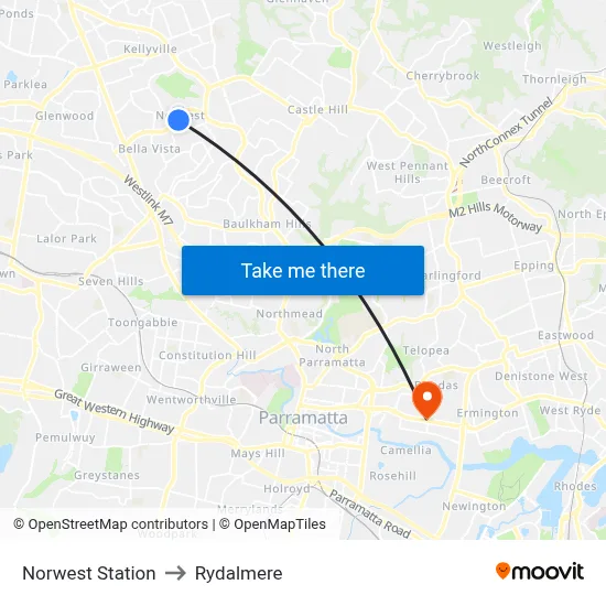 Norwest Station to Rydalmere map