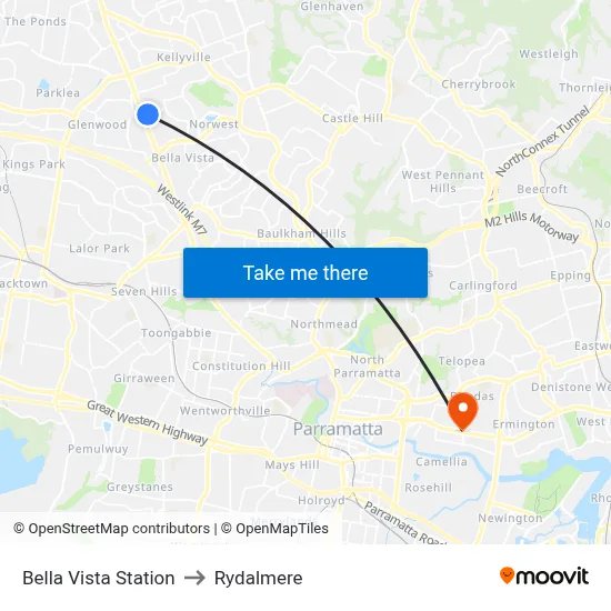 Bella Vista Station to Rydalmere map