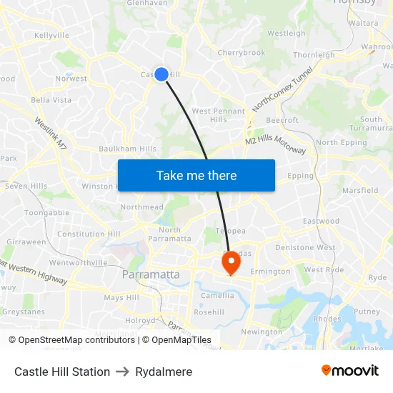 Castle Hill Station to Rydalmere map