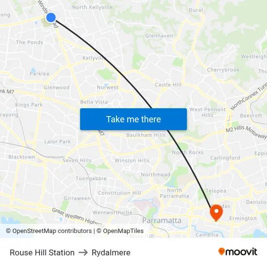 Rouse Hill Station to Rydalmere map
