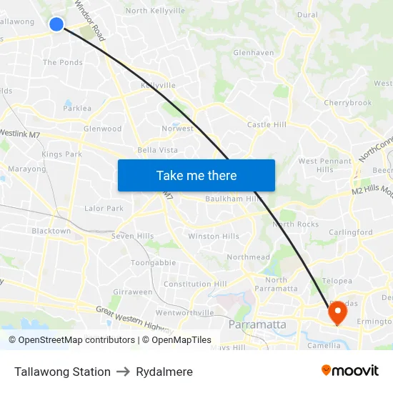 Tallawong Station to Rydalmere map
