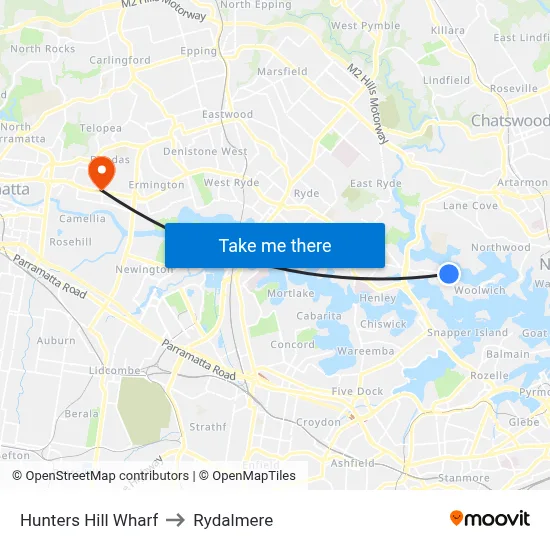 Hunters Hill Wharf to Rydalmere map