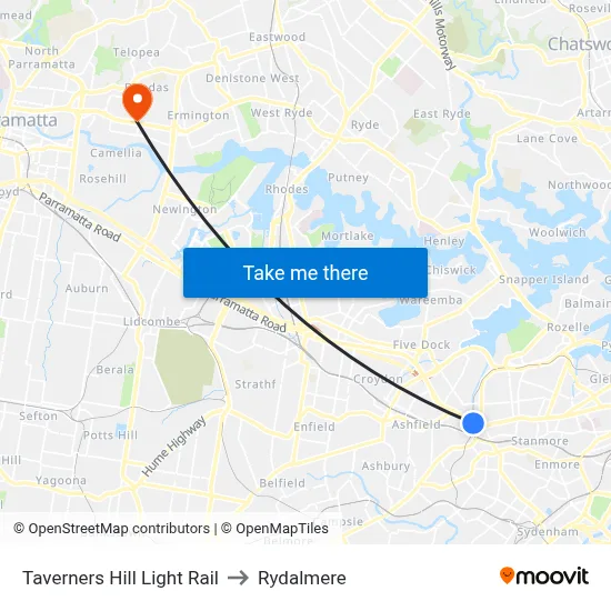 Taverners Hill Light Rail to Rydalmere map