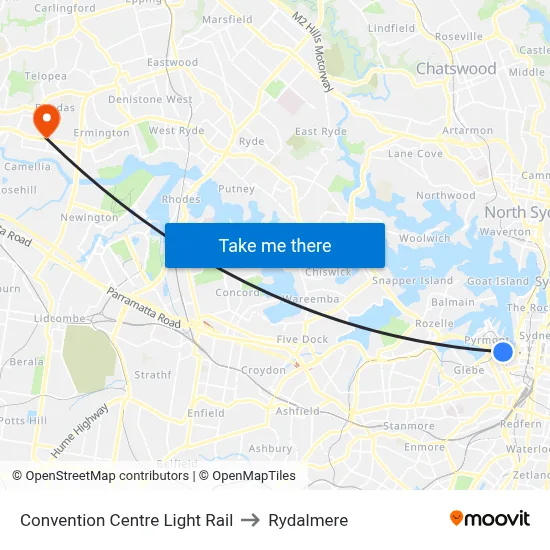Convention Centre Light Rail to Rydalmere map