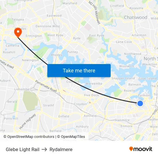 Glebe Light Rail to Rydalmere map