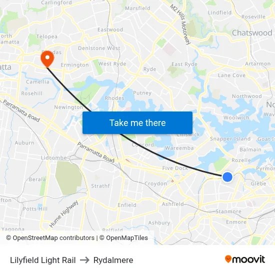 Lilyfield Light Rail to Rydalmere map