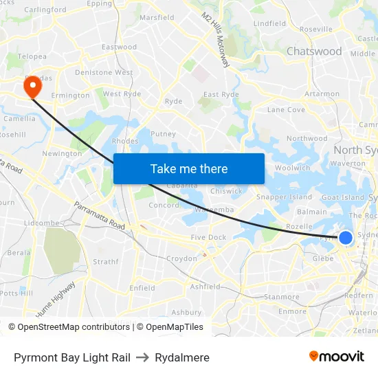 Pyrmont Bay Light Rail to Rydalmere map