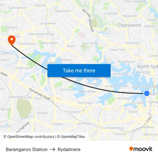 Barangaroo Station to Rydalmere map