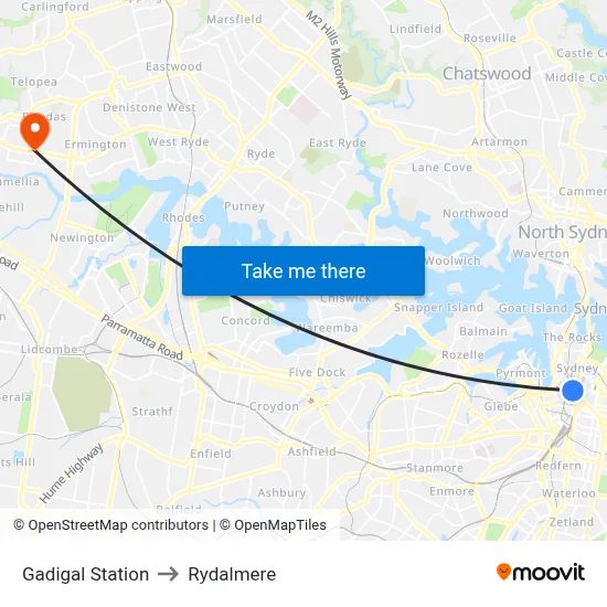 Gadigal Station to Rydalmere map
