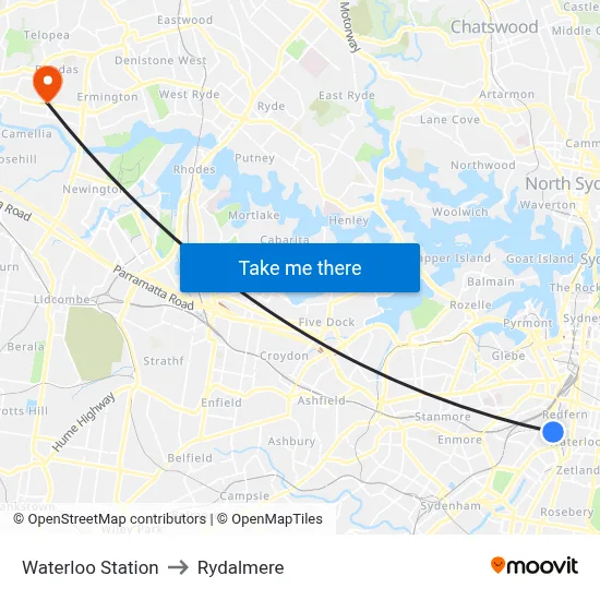Waterloo Station to Rydalmere map