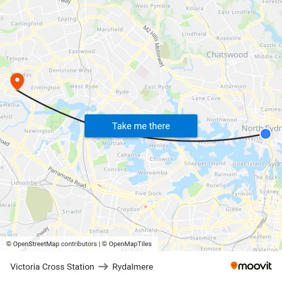 Victoria Cross Station to Rydalmere map