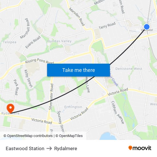 Eastwood Station to Rydalmere map