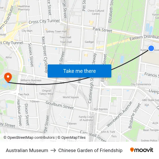 Australian Museum to Chinese Garden of Friendship map