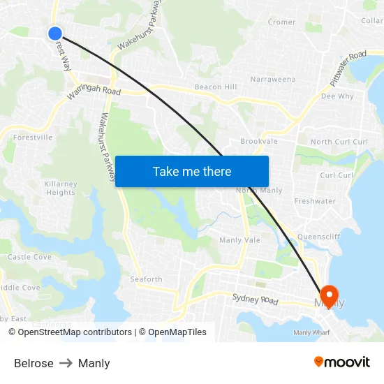 Belrose to Manly map