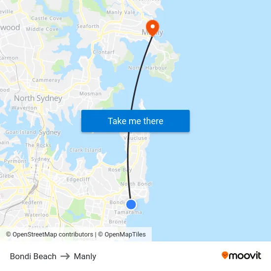 Bondi Beach to Manly map