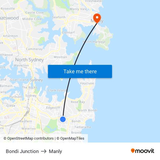 Bondi Junction to Manly map
