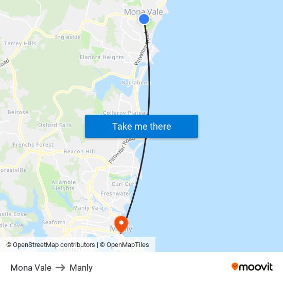 Mona Vale to Manly map
