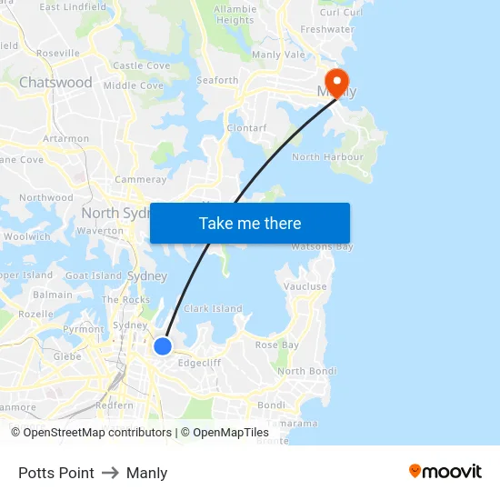 Potts Point to Manly map