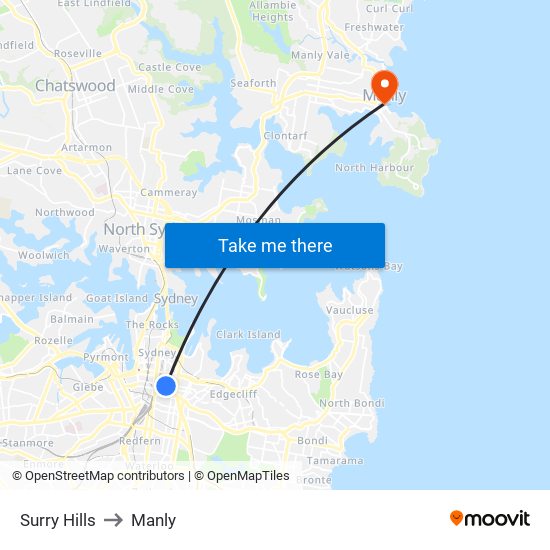 Surry Hills to Manly map