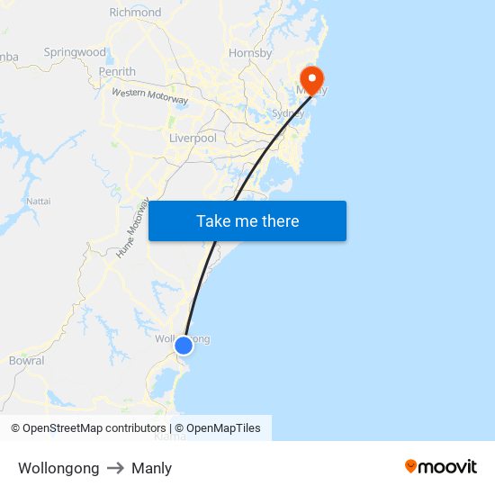 Wollongong to Manly map