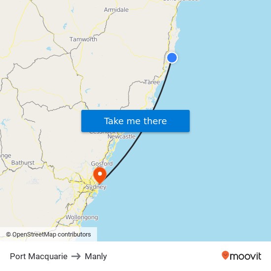 Port Macquarie to Manly map