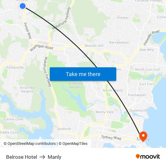 Belrose Hotel to Manly map