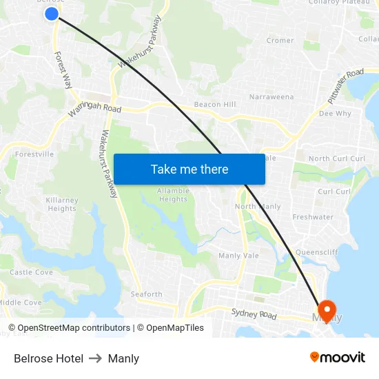 Belrose Hotel to Manly map