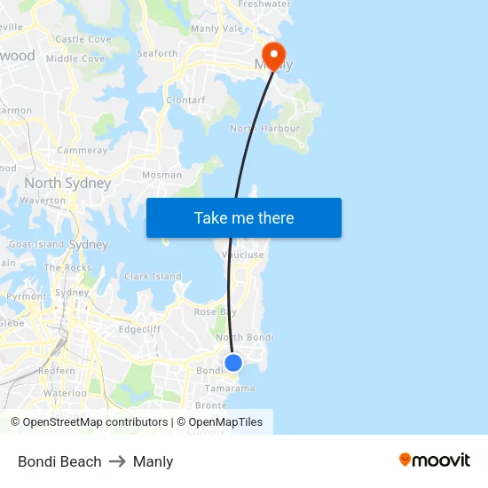 Bondi Beach to Manly map