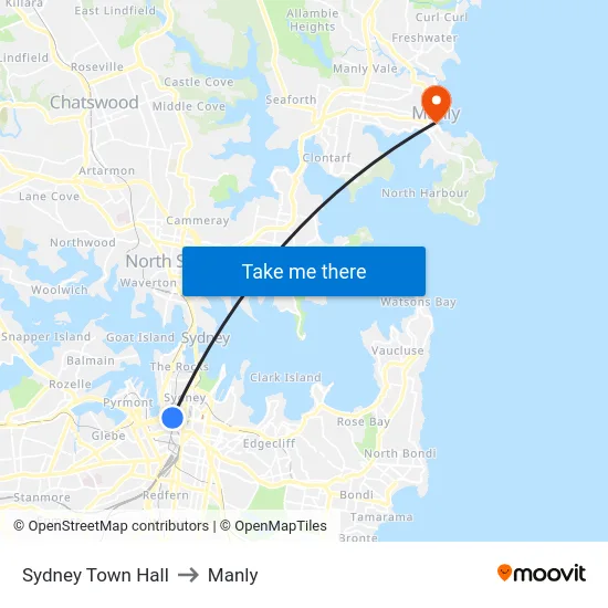 Sydney Town Hall to Manly map