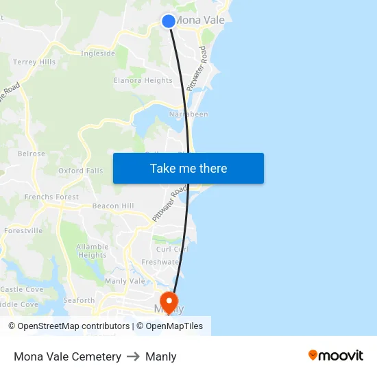 Mona Vale Cemetery to Manly map
