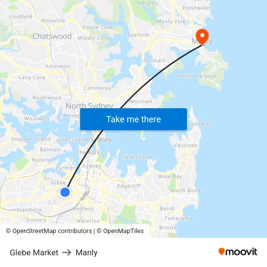 Glebe Market to Manly map