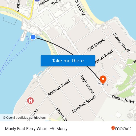 Manly Fast Ferry Wharf to Manly map