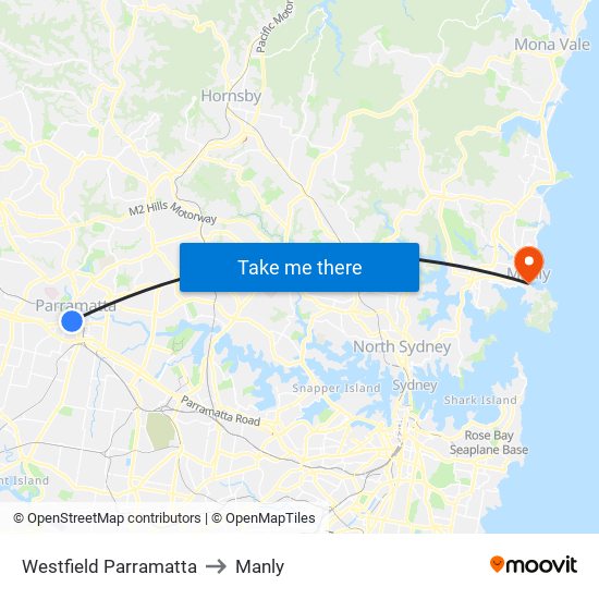 Westfield Parramatta to Manly map