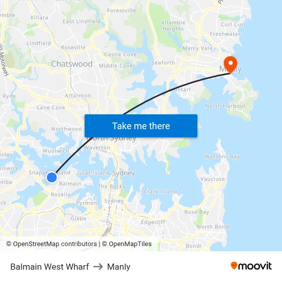 Balmain West Wharf to Manly map