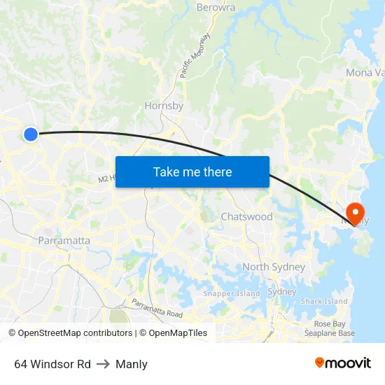 64 Windsor Rd to Manly map