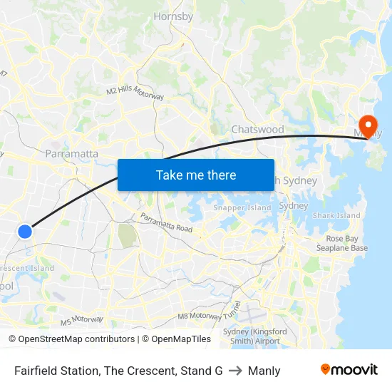 Fairfield Station, The Crescent, Stand G to Manly map