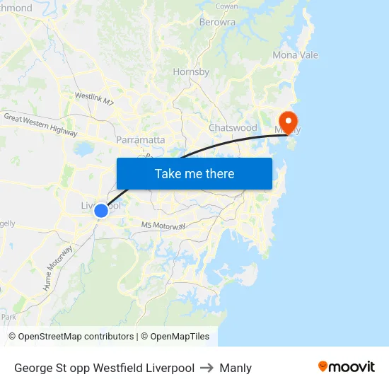George St opp Westfield Liverpool to Manly map