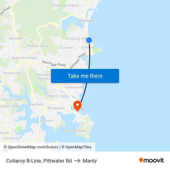 Collaroy B-Line, Pittwater Rd to Manly map