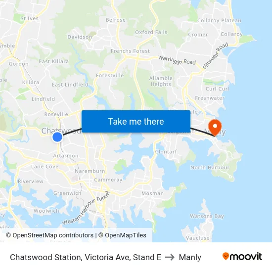 Chatswood Station, Victoria Ave, Stand E to Manly map