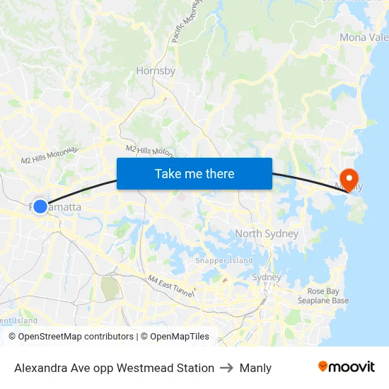 Alexandra Ave opp Westmead Station to Manly map