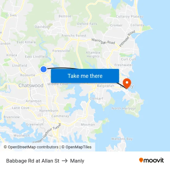 Babbage Rd at Allan St to Manly map