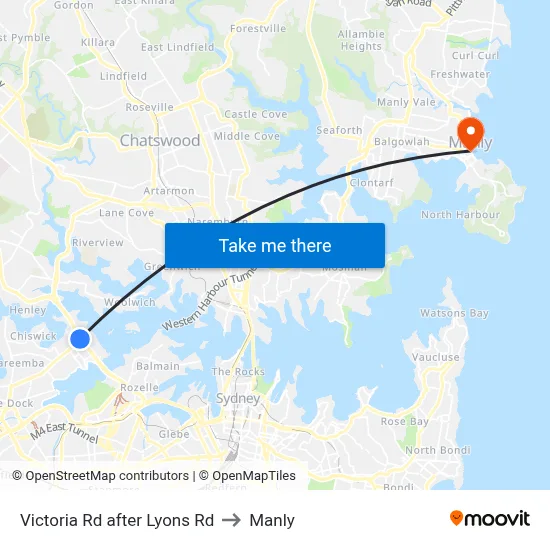 Victoria Rd after Lyons Rd to Manly map
