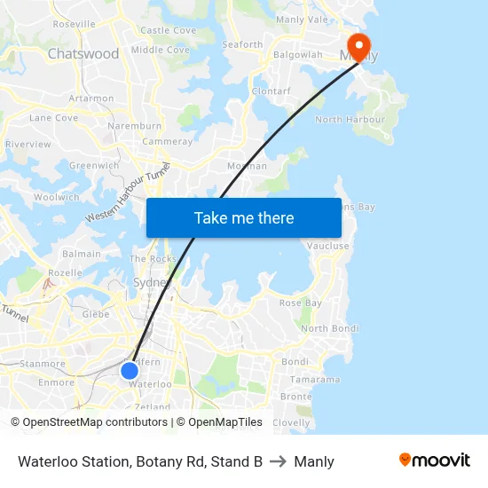 Waterloo Station, Botany Rd, Stand B to Manly map