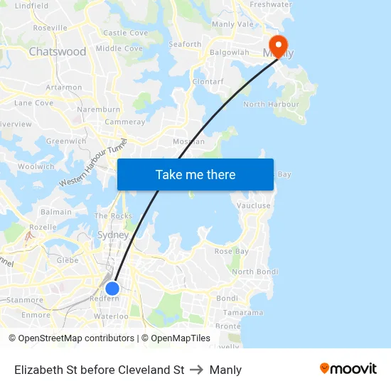 Elizabeth St before Cleveland St to Manly map