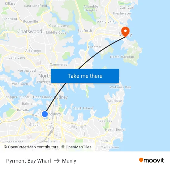 Pyrmont Bay Wharf to Manly map