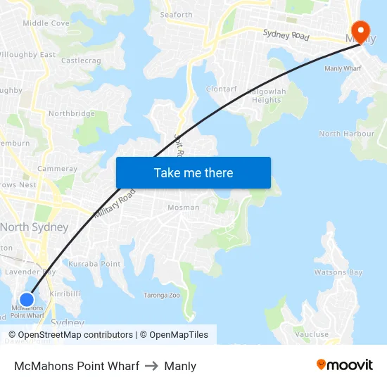 McMahons Point Wharf to Manly map