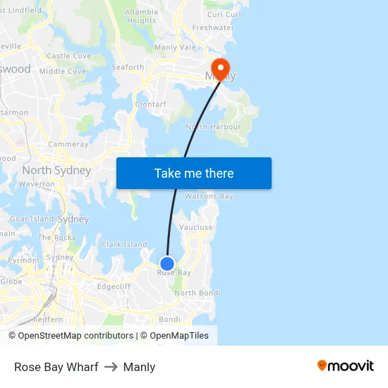 Rose Bay Wharf to Manly map