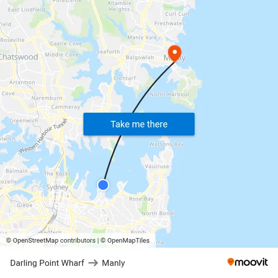 Darling Point Wharf to Manly map
