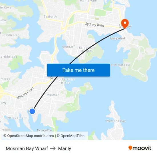 Mosman Bay Wharf to Manly map