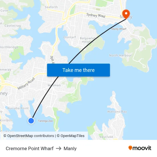 Cremorne Point Wharf to Manly map